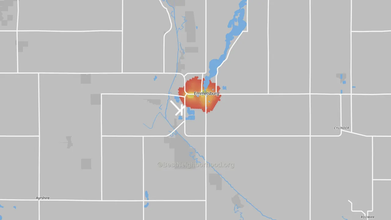 Walk Grade map of Palo Alto County, IA, walkable areas in green and car-dependent areas in red