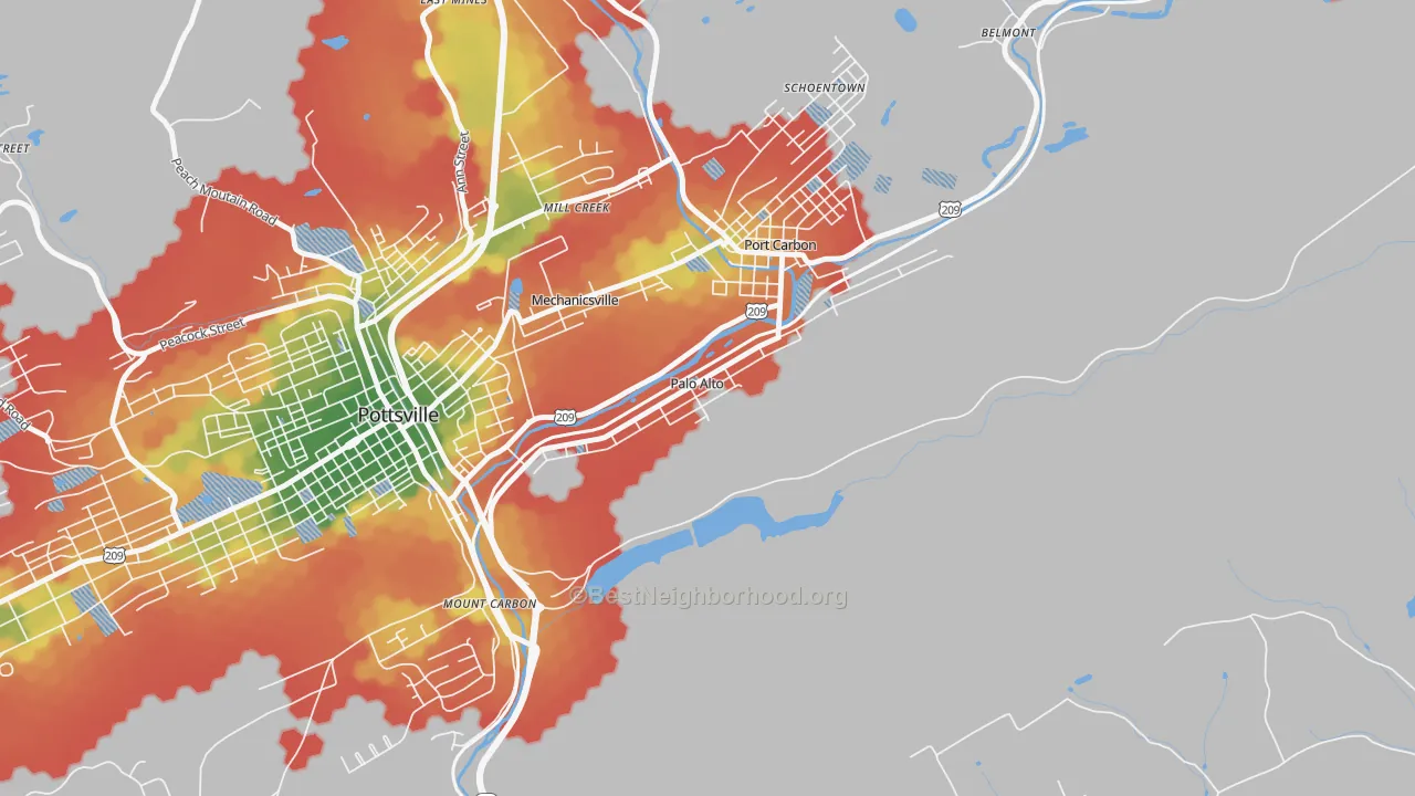 Walk Grade map of Palo Alto, PA, walkable areas in green and car-dependent areas in red