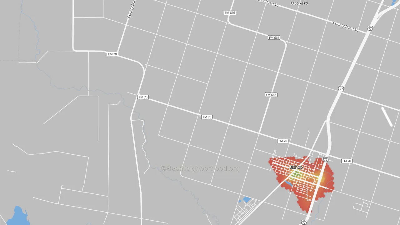 Walk Grade map of Palo Alto, TX, walkable areas in green and car-dependent areas in red