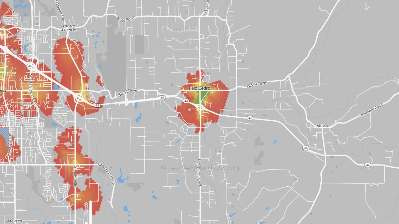 Walk Grade map of Palo Cedro, CA, walkable areas in green and car-dependent areas in red