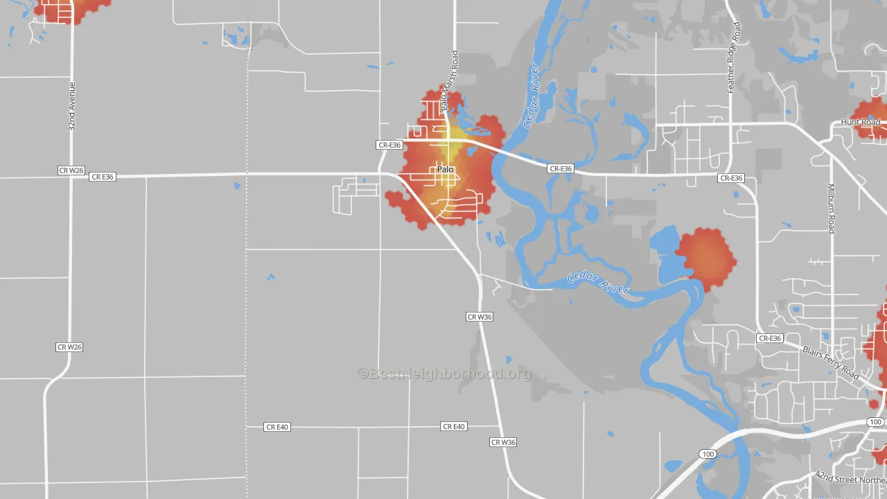 Walk Grade map of Palo, IA, walkable areas in green and car-dependent areas in red