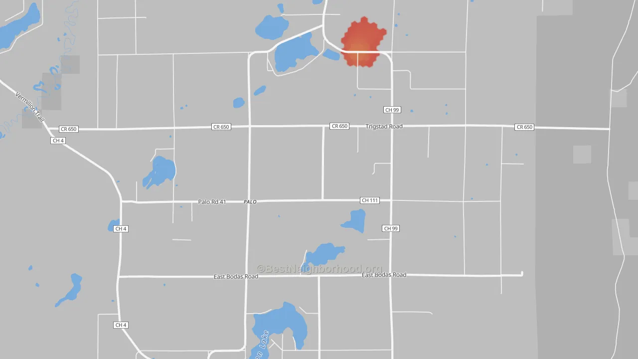 Walk Grade map of Palo, MN, walkable areas in green and car-dependent areas in red