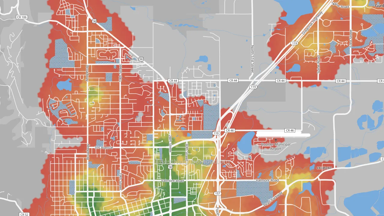 Walk Grade map of Palo Park, Boulder, CO, walkable areas in green and car-dependent areas in red