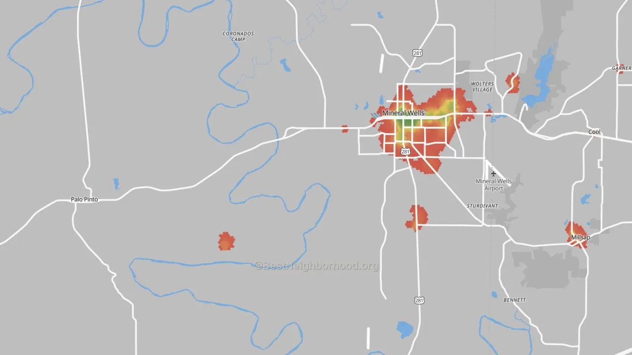 Walk Grade map of Palo Pinto County, TX, walkable areas in green and car-dependent areas in red