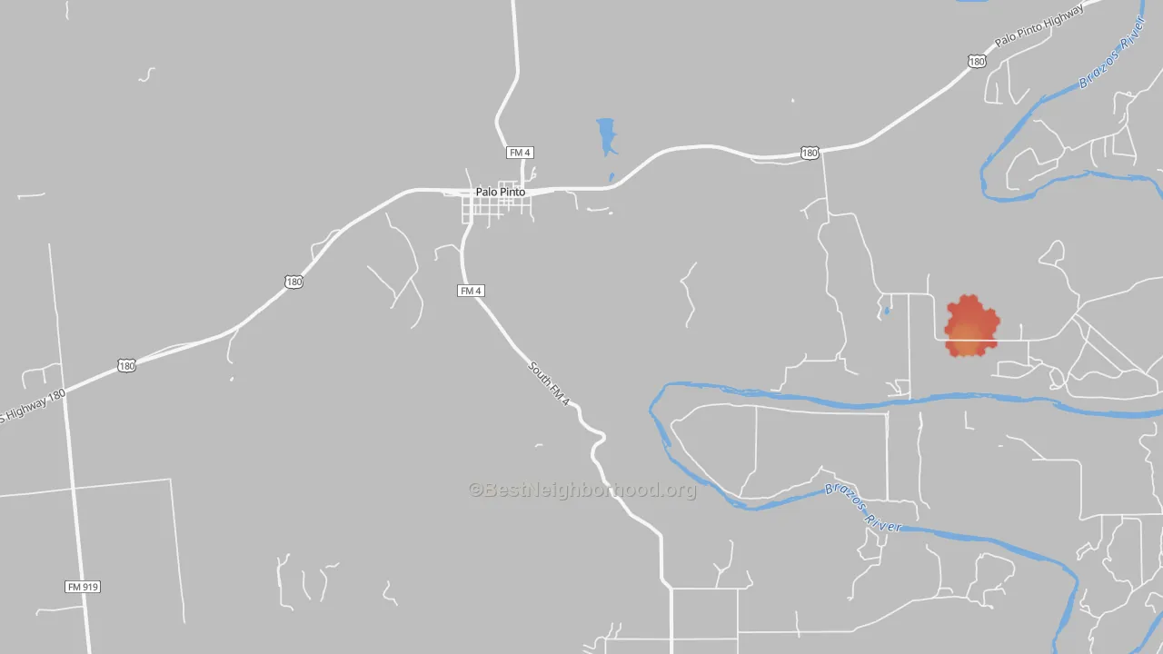 Walk Grade map of Palo Pinto, TX, walkable areas in green and car-dependent areas in red