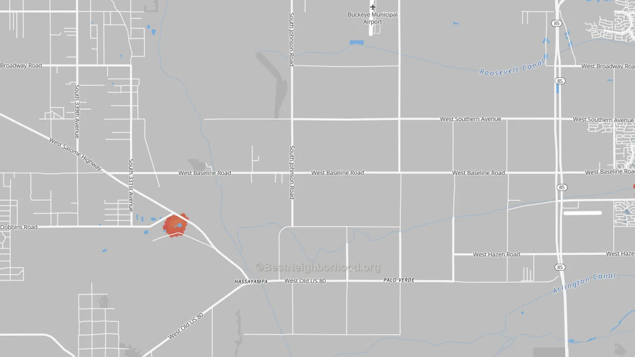 Walk Grade map of Palo Verde, AZ, walkable areas in green and car-dependent areas in red
