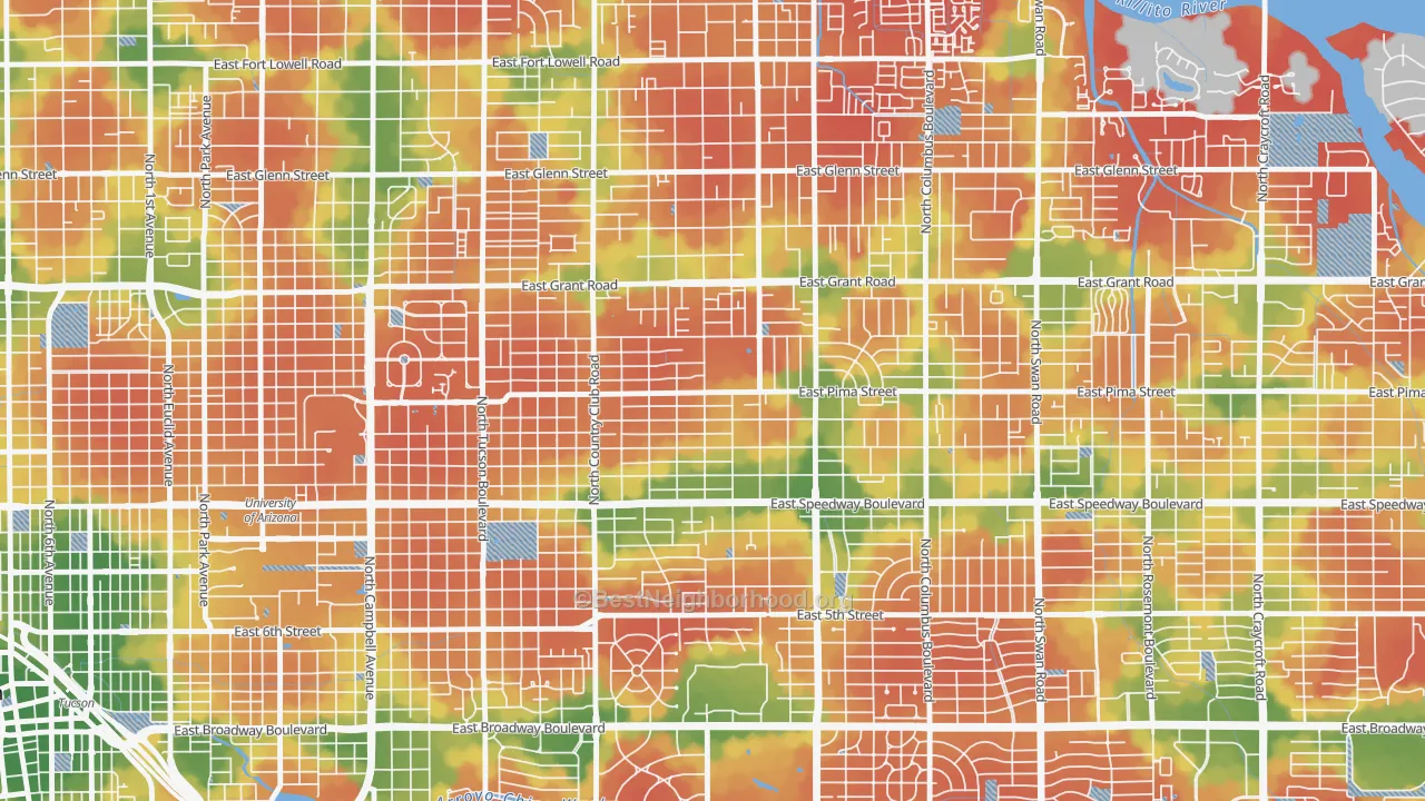 Walk Grade map of Palo Verde, Tucson, AZ, walkable areas in green and car-dependent areas in red