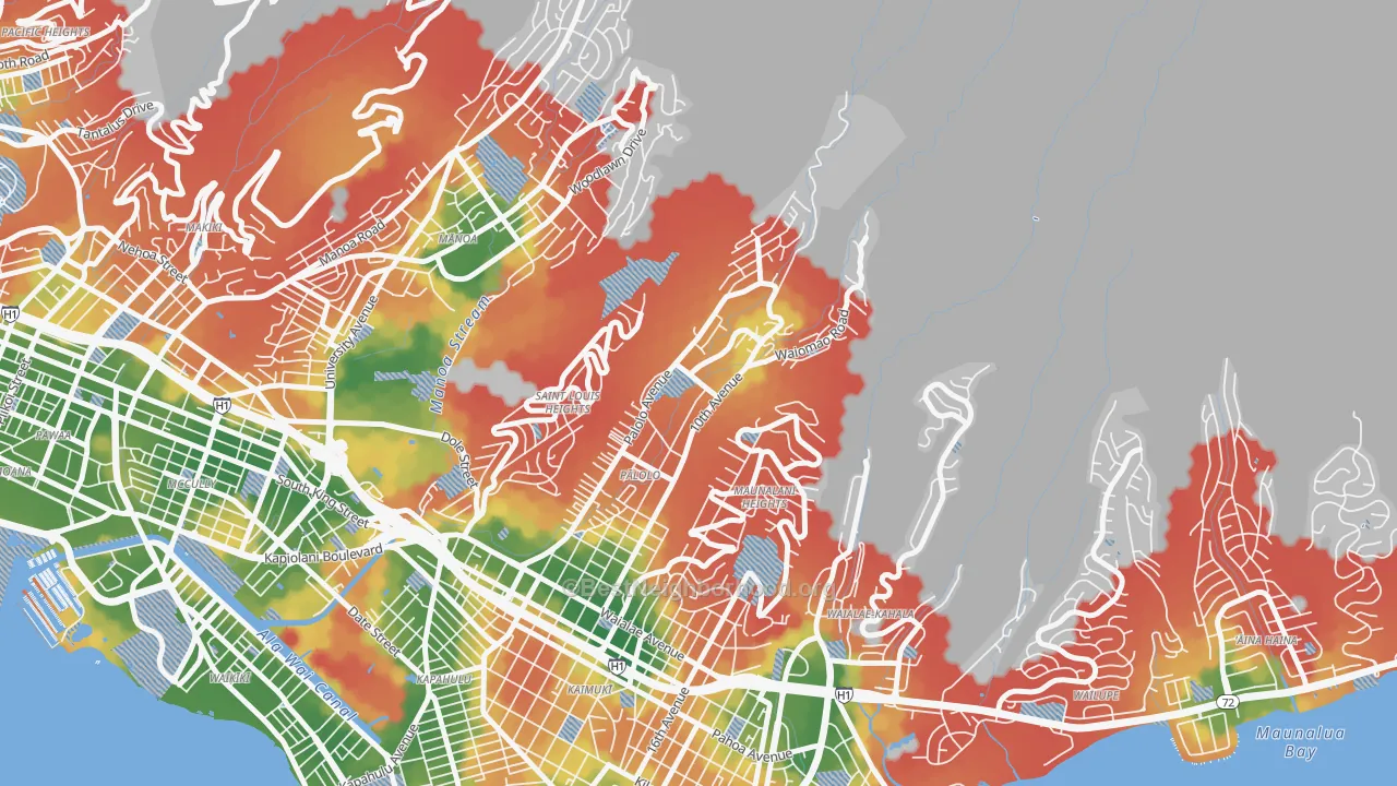 Walk Grade map of Palolo, Honolulu, HI, walkable areas in green and car-dependent areas in red