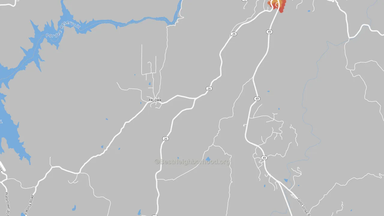 Walk Grade map of Paloma, CA, walkable areas in green and car-dependent areas in red