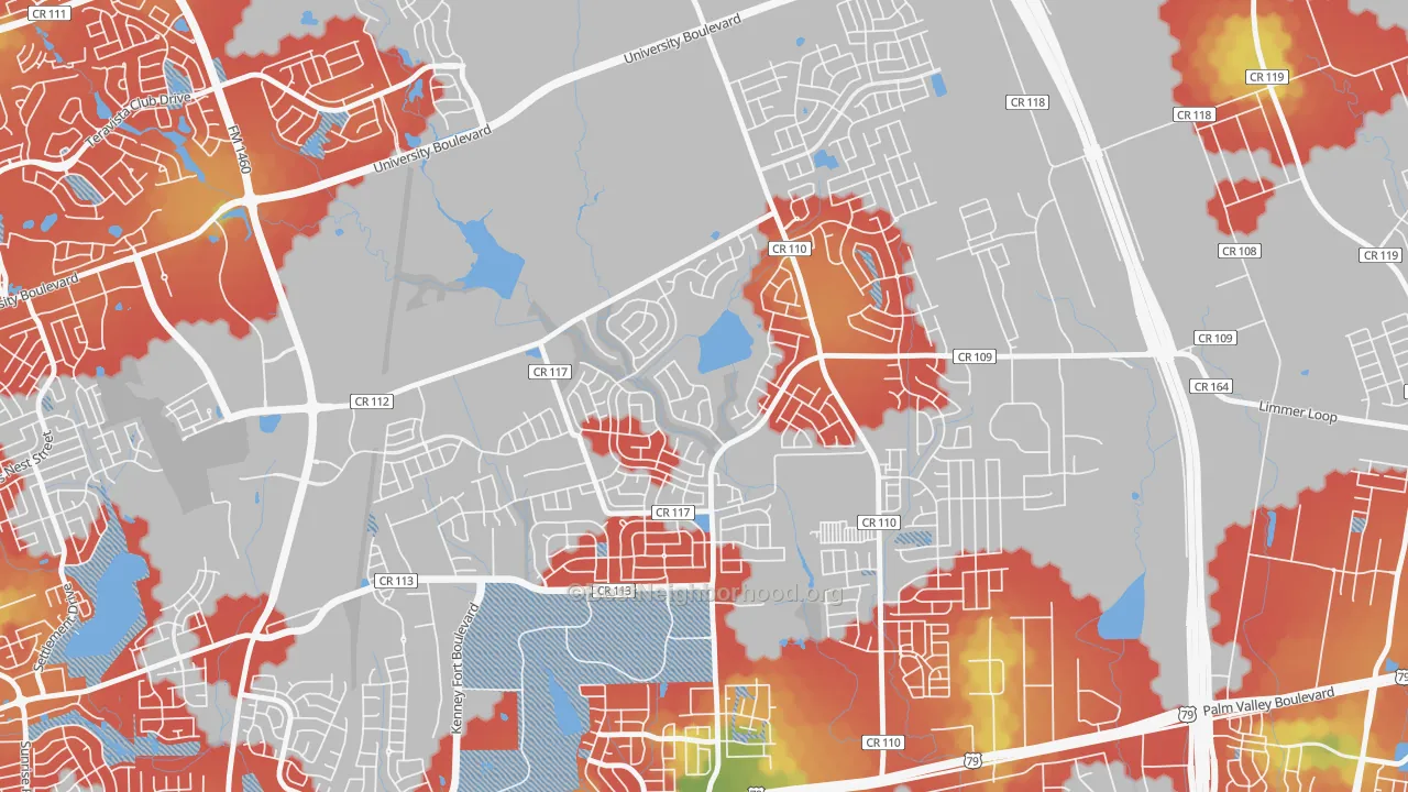 Walk Grade map of Paloma Lake, Round Rock, TX, walkable areas in green and car-dependent areas in red