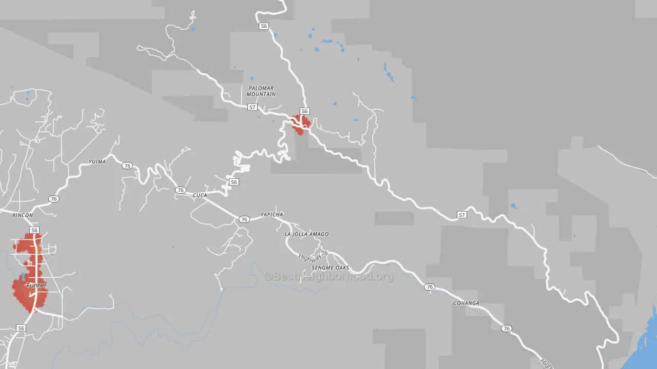 Walk Grade map of Palomar Mountain, CA, walkable areas in green and car-dependent areas in red