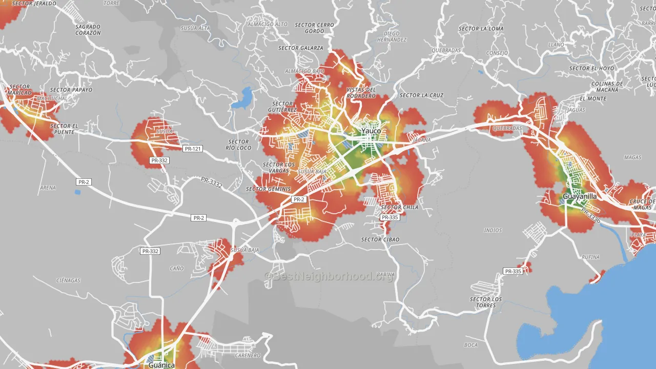 Walk Grade map of Palomas, PR, walkable areas in green and car-dependent areas in red