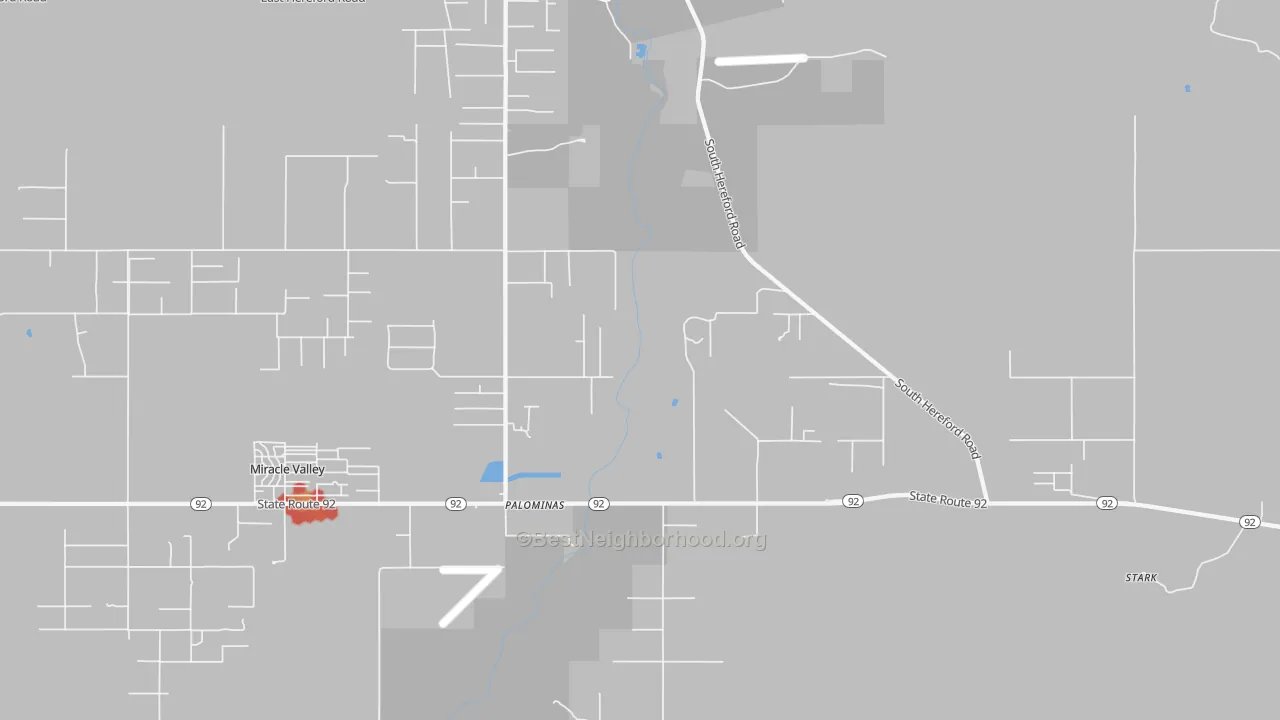 Walk Grade map of Palominas, AZ, walkable areas in green and car-dependent areas in red
