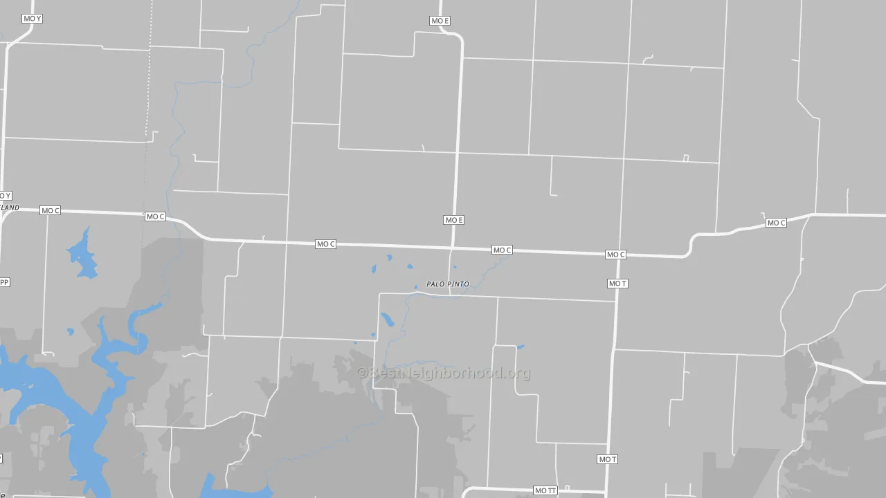 Walk Grade map of Palopinto, MO, walkable areas in green and car-dependent areas in red