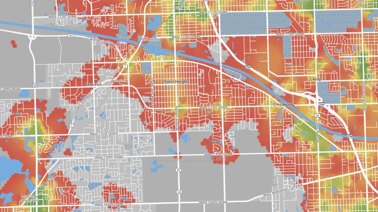 Walk Grade map of Palos Heights, IL, walkable areas in green and car-dependent areas in red