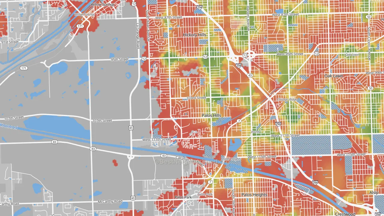 Walk Grade map of Palos Hills, IL, walkable areas in green and car-dependent areas in red