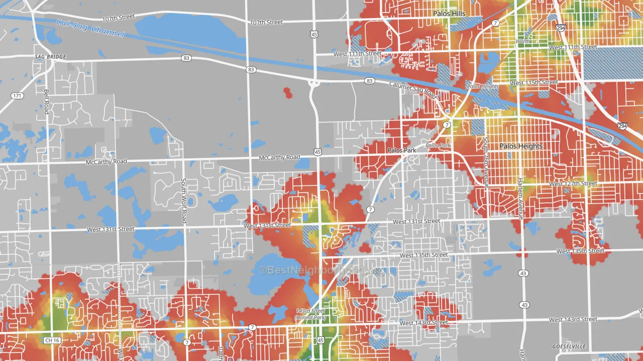 Walk Grade map of Palos Park, IL, walkable areas in green and car-dependent areas in red