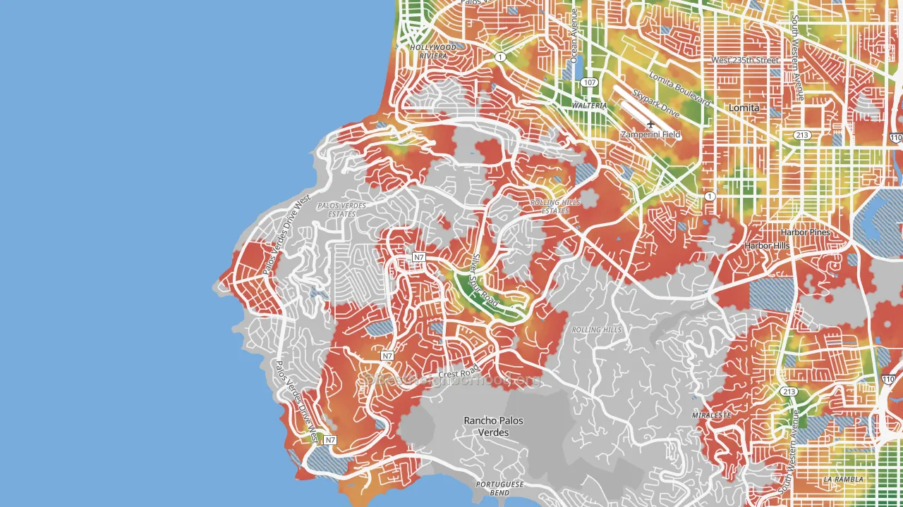 Walk Grade map of Palos Verdes Peninsula, Torrance, CA, walkable areas in green and car-dependent areas in red