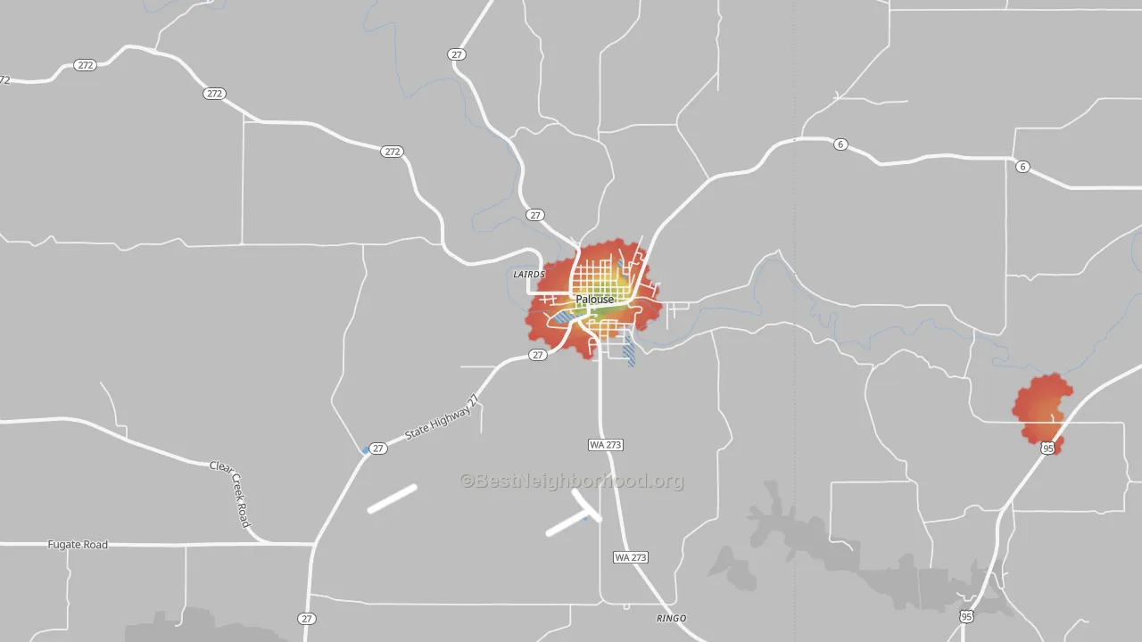 Walk Grade map of Palouse, WA, walkable areas in green and car-dependent areas in red