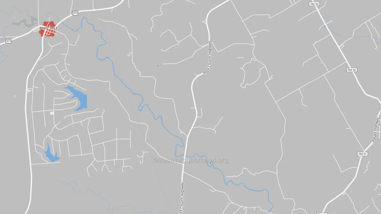 Walk Grade map of Paluxy, TX, walkable areas in green and car-dependent areas in red