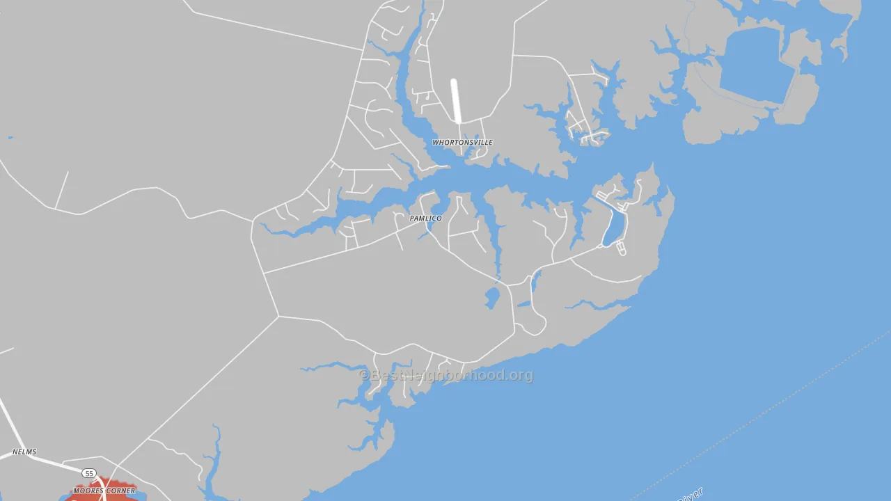 Walk Grade map of Pamlico, NC, walkable areas in green and car-dependent areas in red