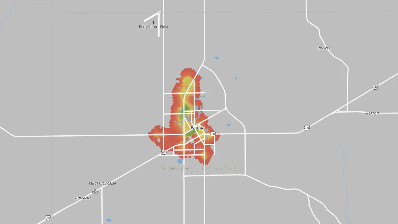Walk Grade map of Pampa, TX, walkable areas in green and car-dependent areas in red