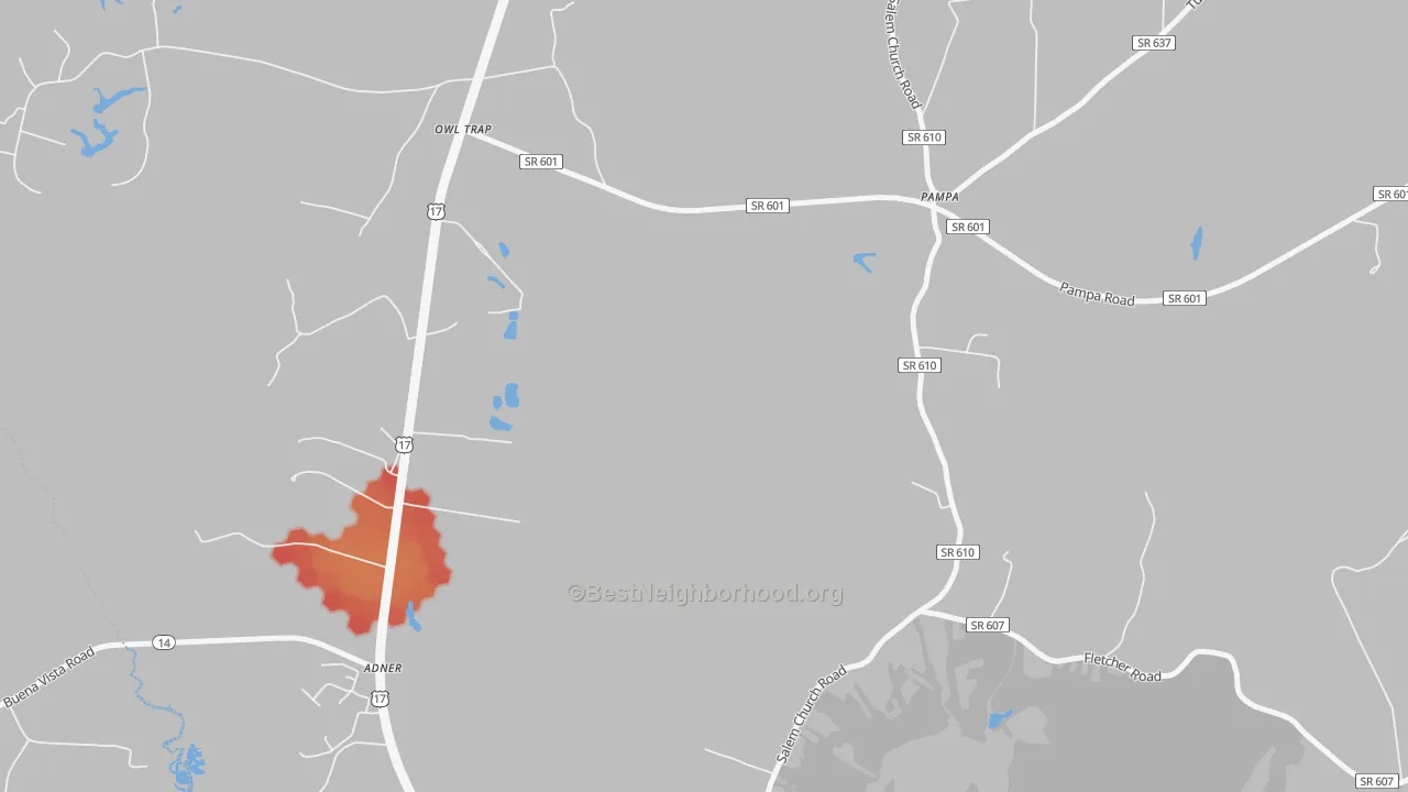 Walk Grade map of Pampa, VA, walkable areas in green and car-dependent areas in red