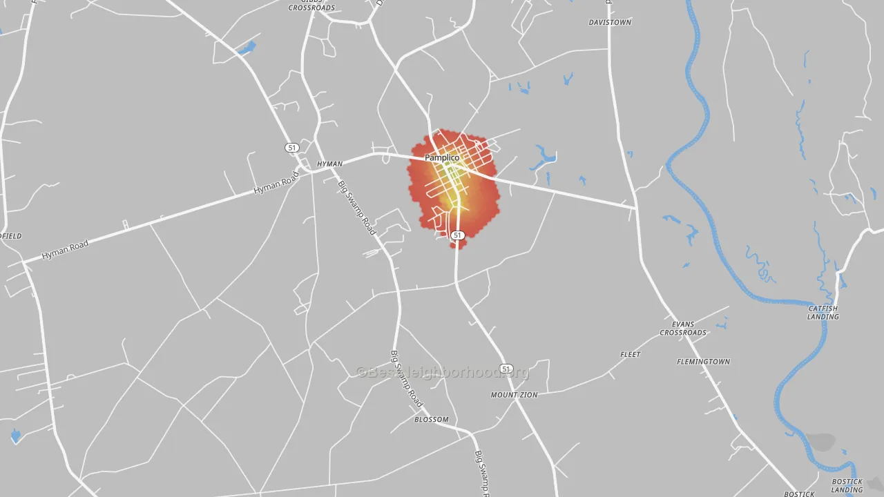 Walk Grade map of Pamplico, SC, walkable areas in green and car-dependent areas in red