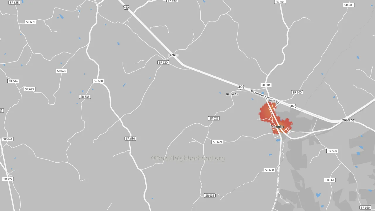 Walk Grade map of Pamplin City, VA, walkable areas in green and car-dependent areas in red
