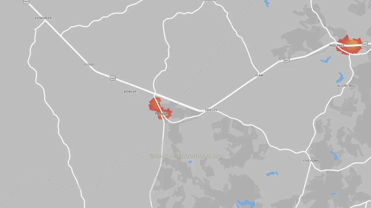 Walk Grade map of Pamplin, VA, walkable areas in green and car-dependent areas in red