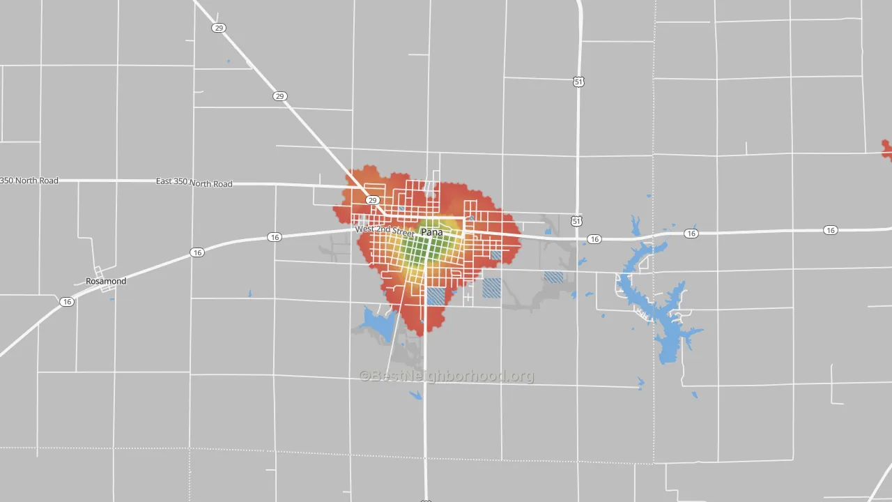 Walk Grade map of Pana, IL, walkable areas in green and car-dependent areas in red