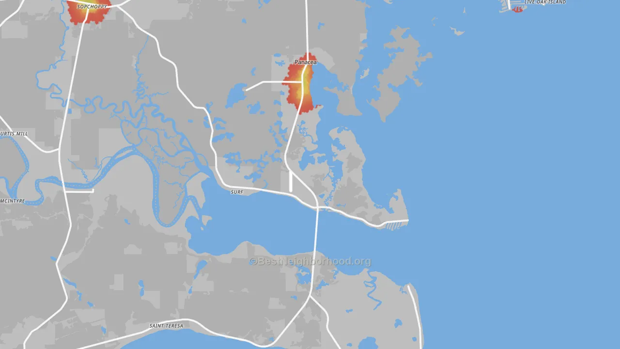 Walk Grade map of Panacea, FL, walkable areas in green and car-dependent areas in red