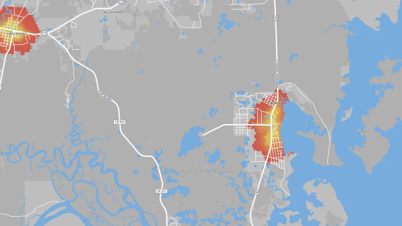 Walk Grade map of Panacea Park, FL, walkable areas in green and car-dependent areas in red