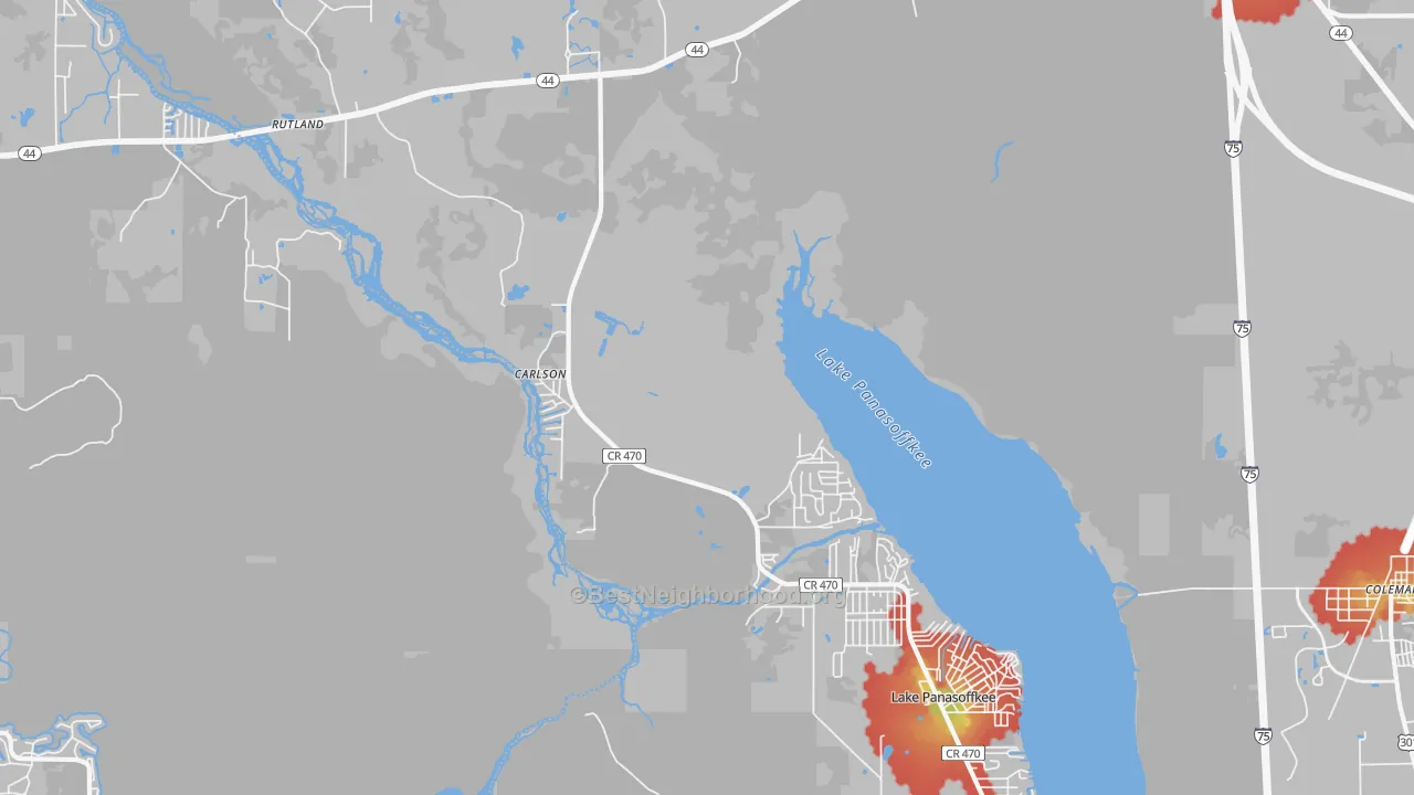 Walk Grade map of Panacoochee Retreats, FL, walkable areas in green and car-dependent areas in red