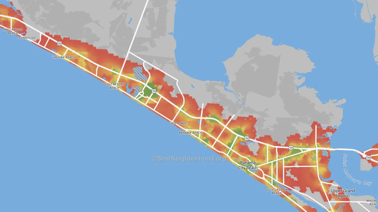 Walk Grade map of Panama City Beach, FL, walkable areas in green and car-dependent areas in red