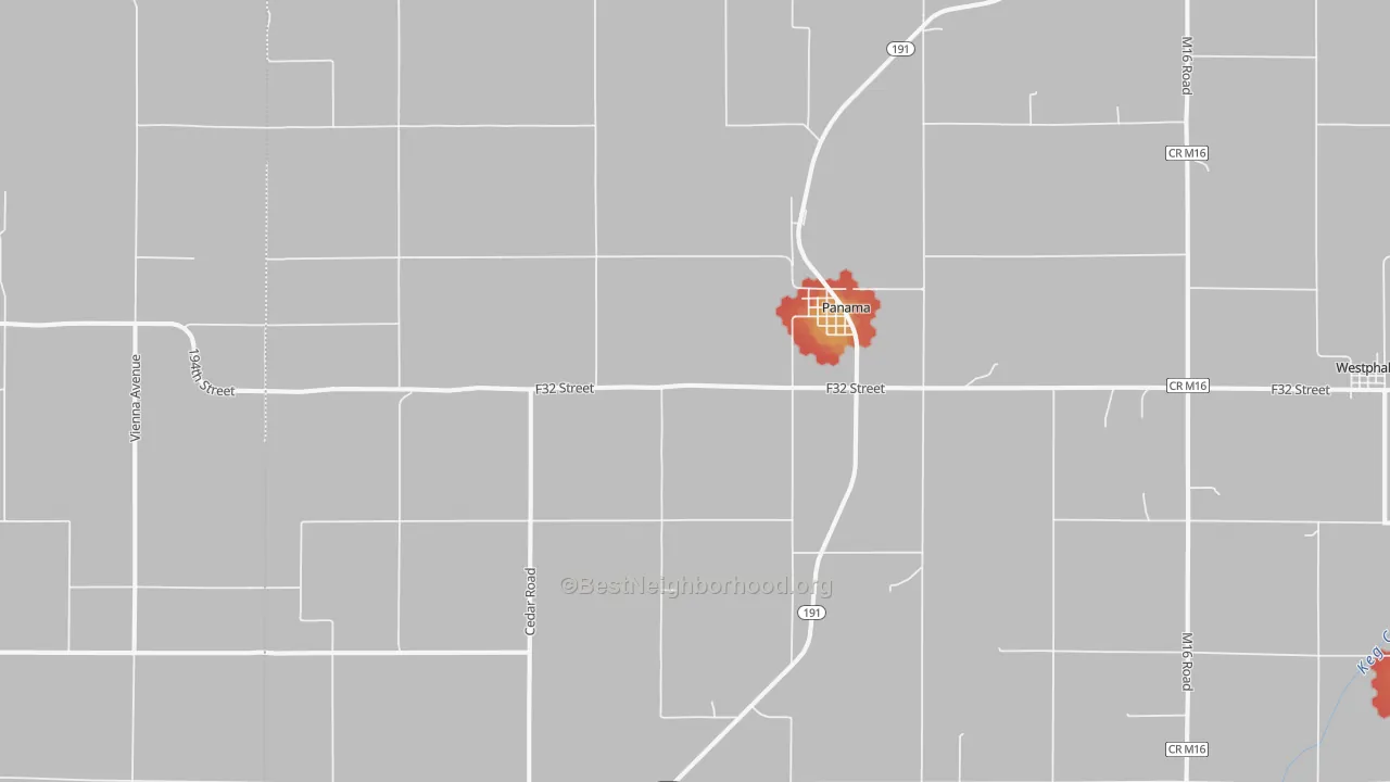 Walk Grade map of Panama, IA, walkable areas in green and car-dependent areas in red