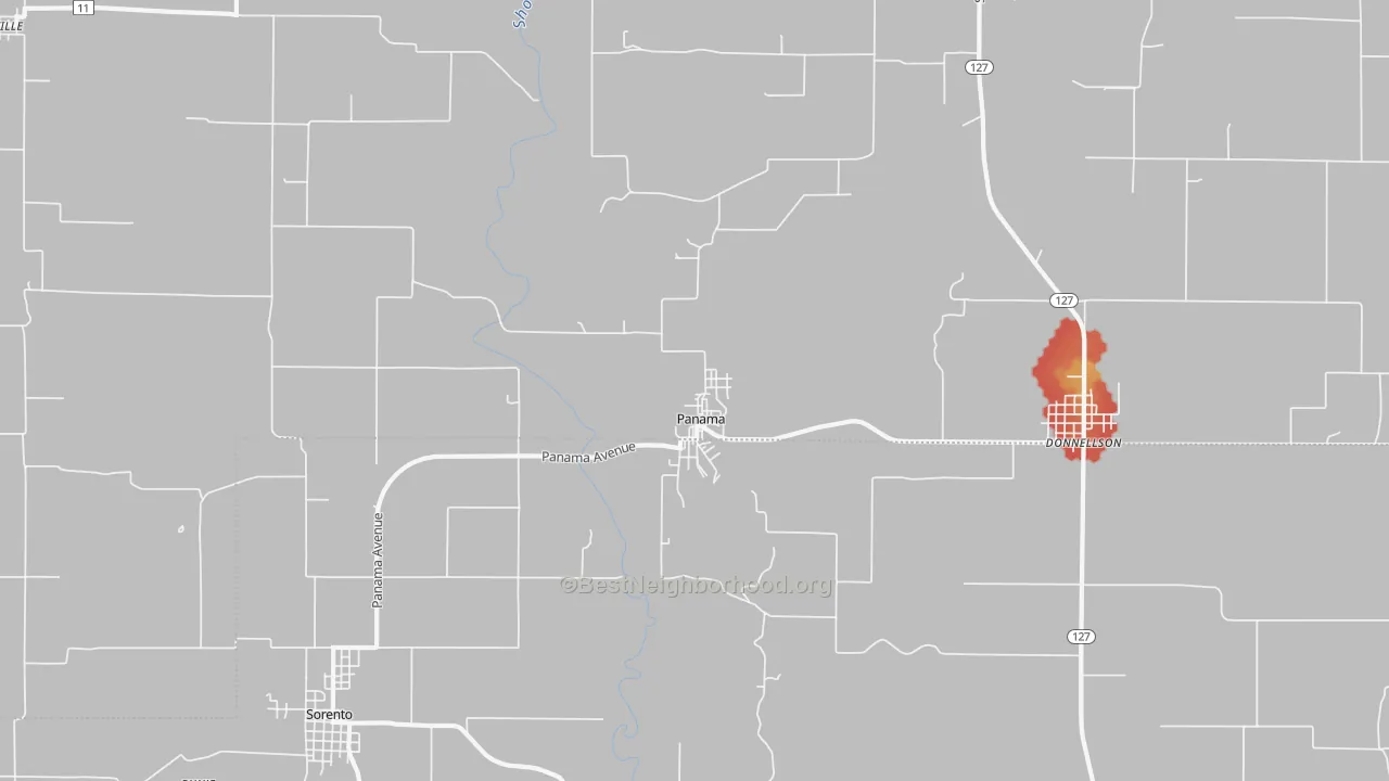 Walk Grade map of Panama, IL, walkable areas in green and car-dependent areas in red