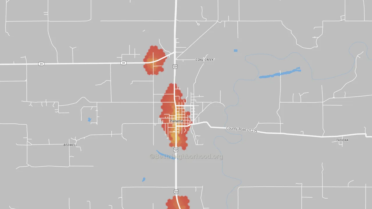 Walk Grade map of Panama, OK, walkable areas in green and car-dependent areas in red