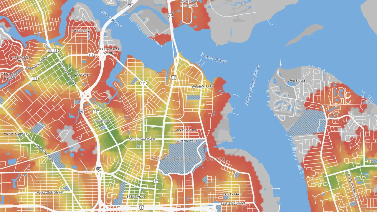 Walk Grade map of Panama Park, Jacksonville, FL, walkable areas in green and car-dependent areas in red