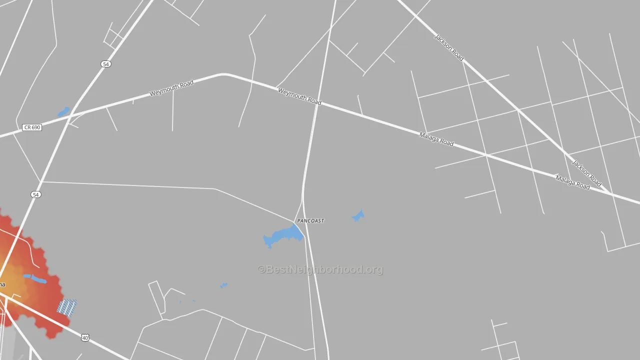 Walk Grade map of Pancoast, NJ, walkable areas in green and car-dependent areas in red