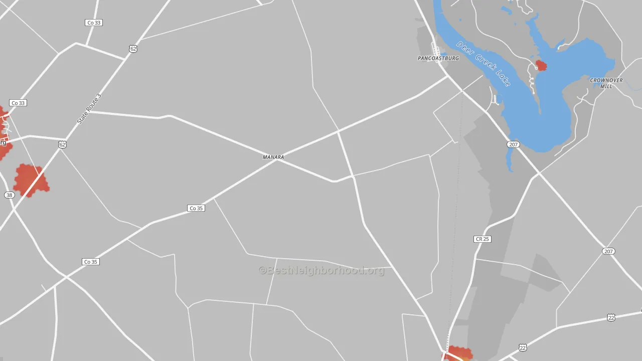Walk Grade map of Pancoastburg, OH, walkable areas in green and car-dependent areas in red