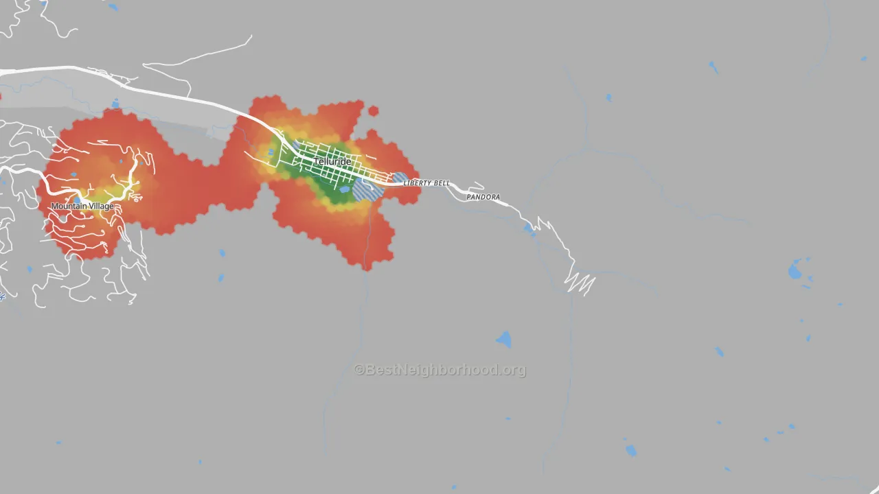 Walk Grade map of Pandora, CO, walkable areas in green and car-dependent areas in red
