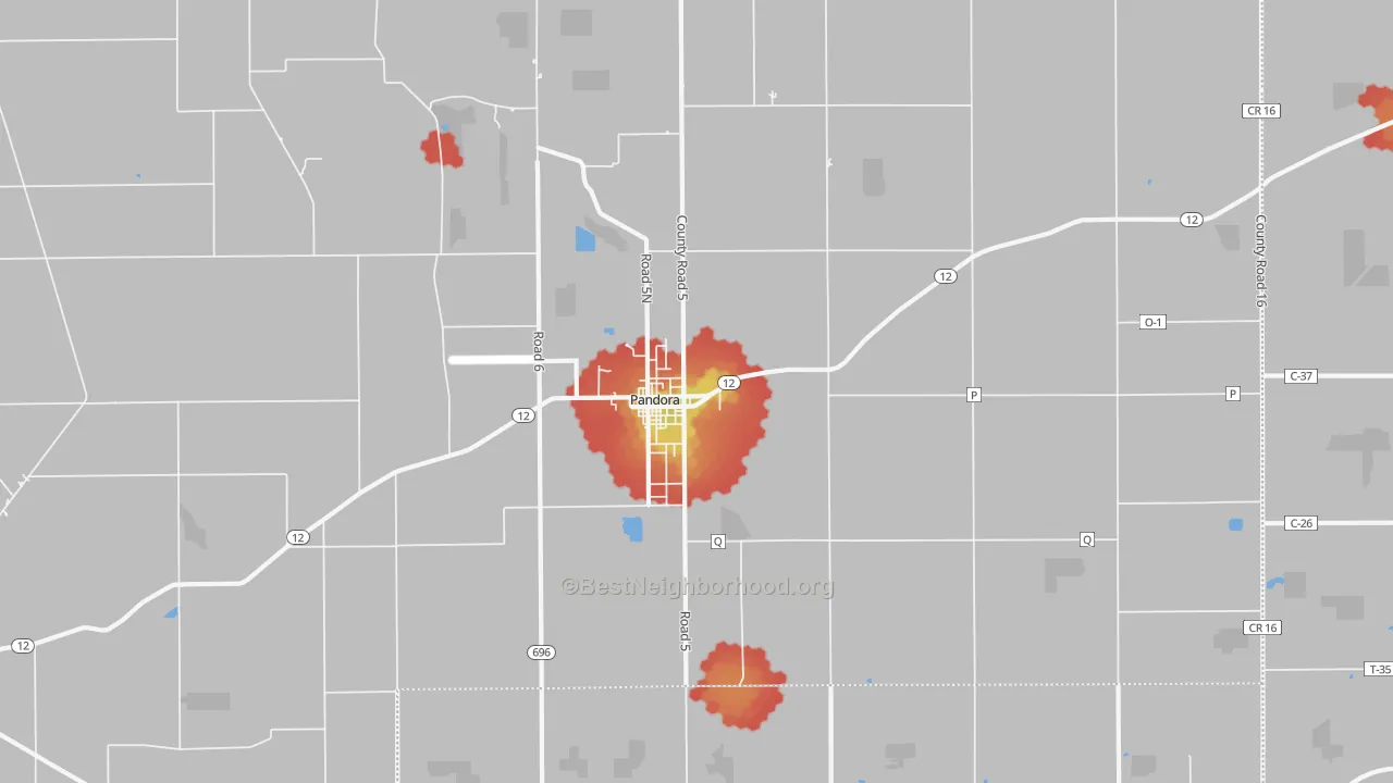Walk Grade map of Pandora, OH, walkable areas in green and car-dependent areas in red