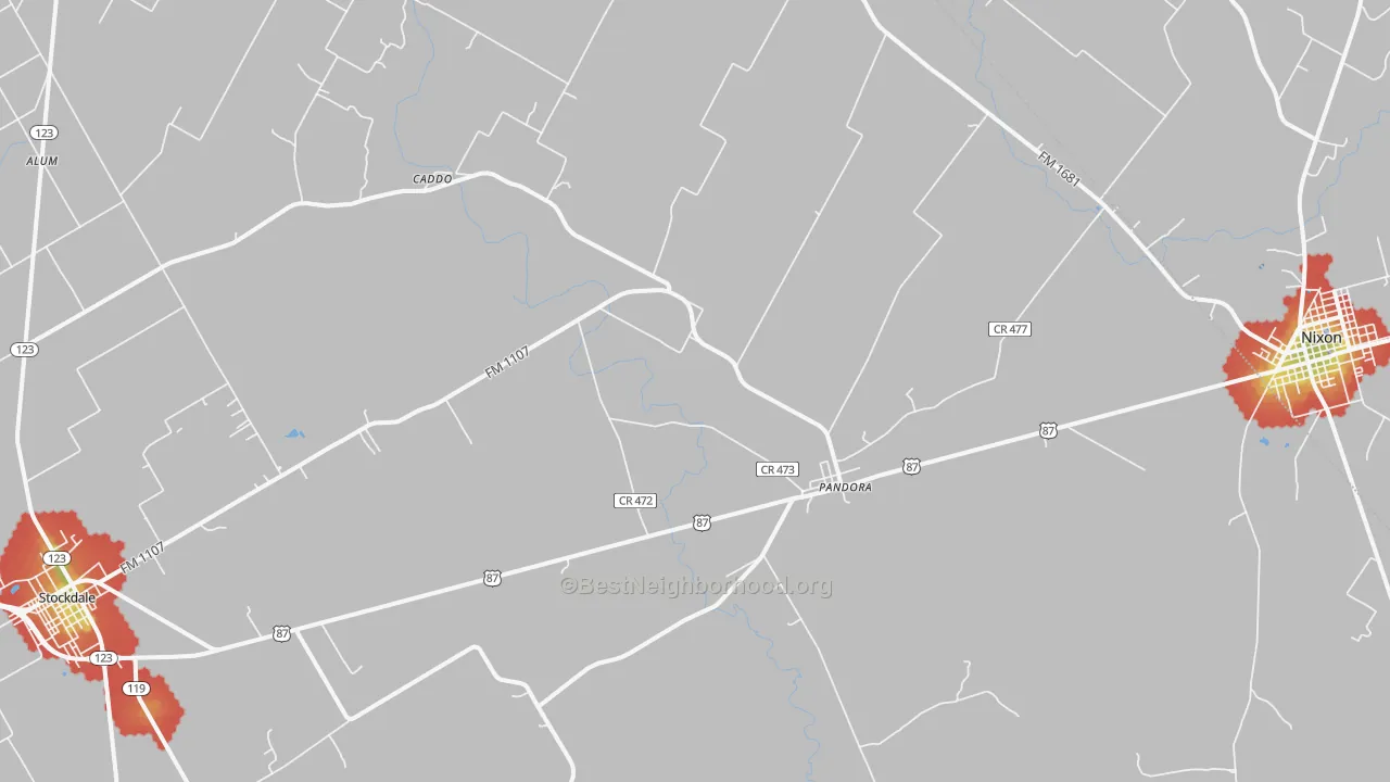 Walk Grade map of Pandora, TX, walkable areas in green and car-dependent areas in red