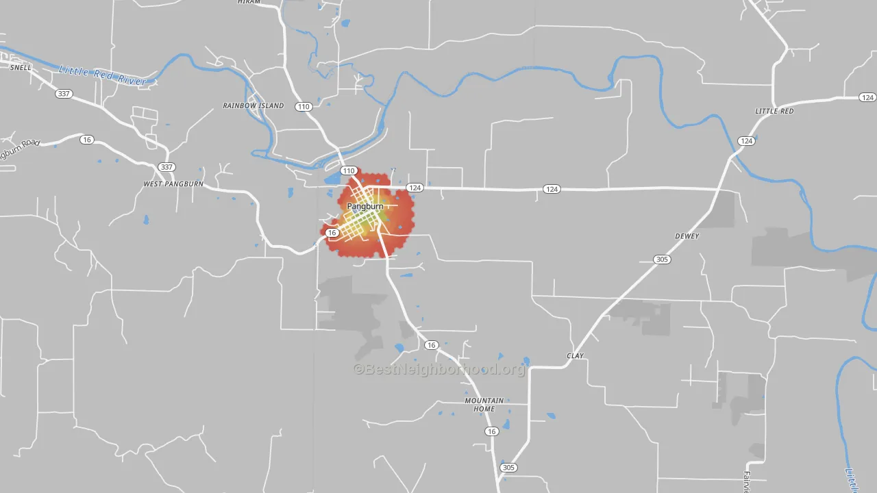 Walk Grade map of Pangburn, AR, walkable areas in green and car-dependent areas in red