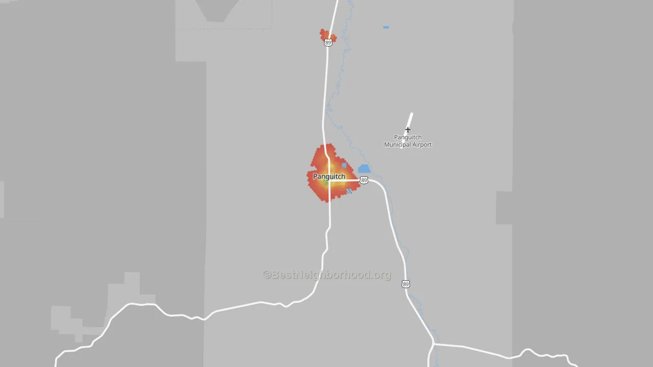 Walk Grade map of Panguitch, UT, walkable areas in green and car-dependent areas in red