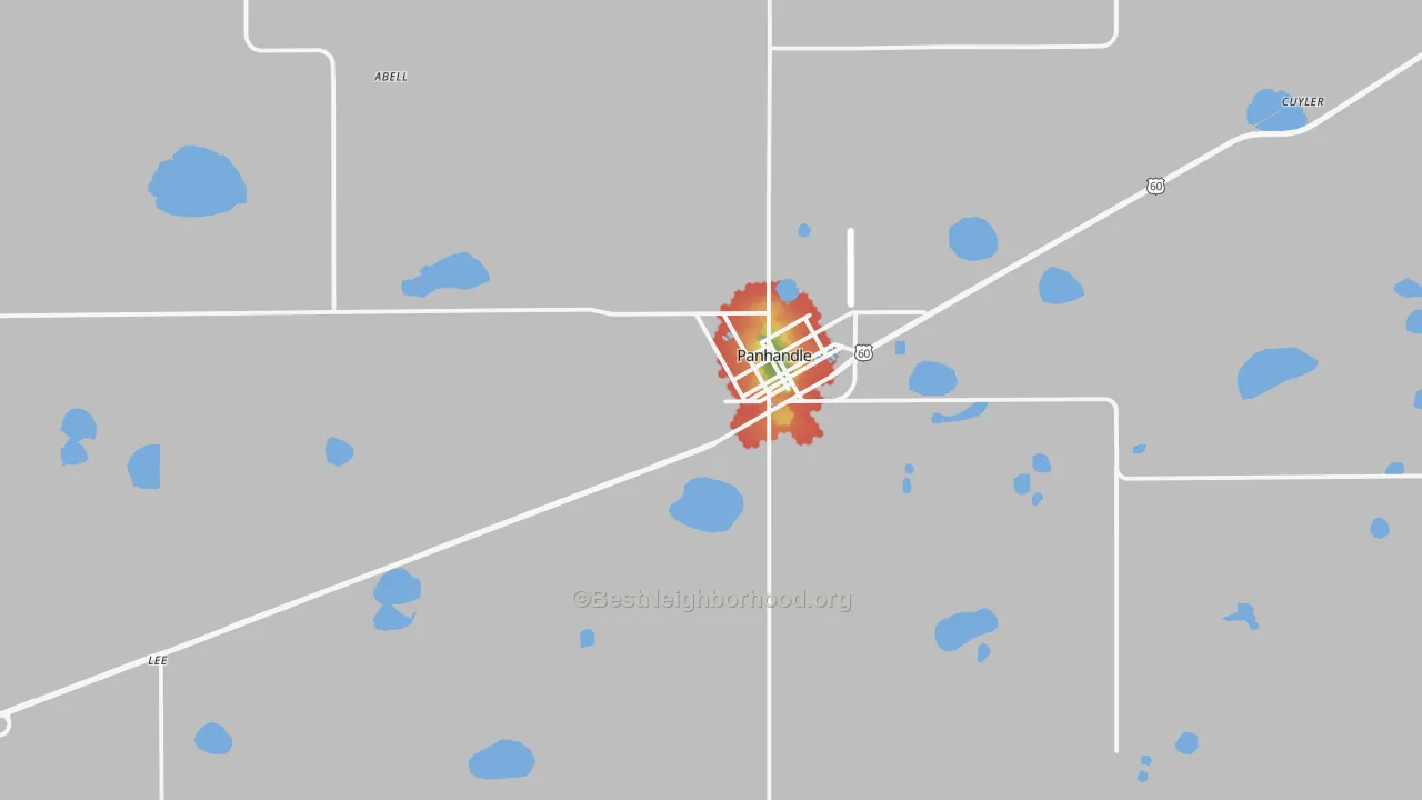 Walk Grade map of Panhandle, TX, walkable areas in green and car-dependent areas in red