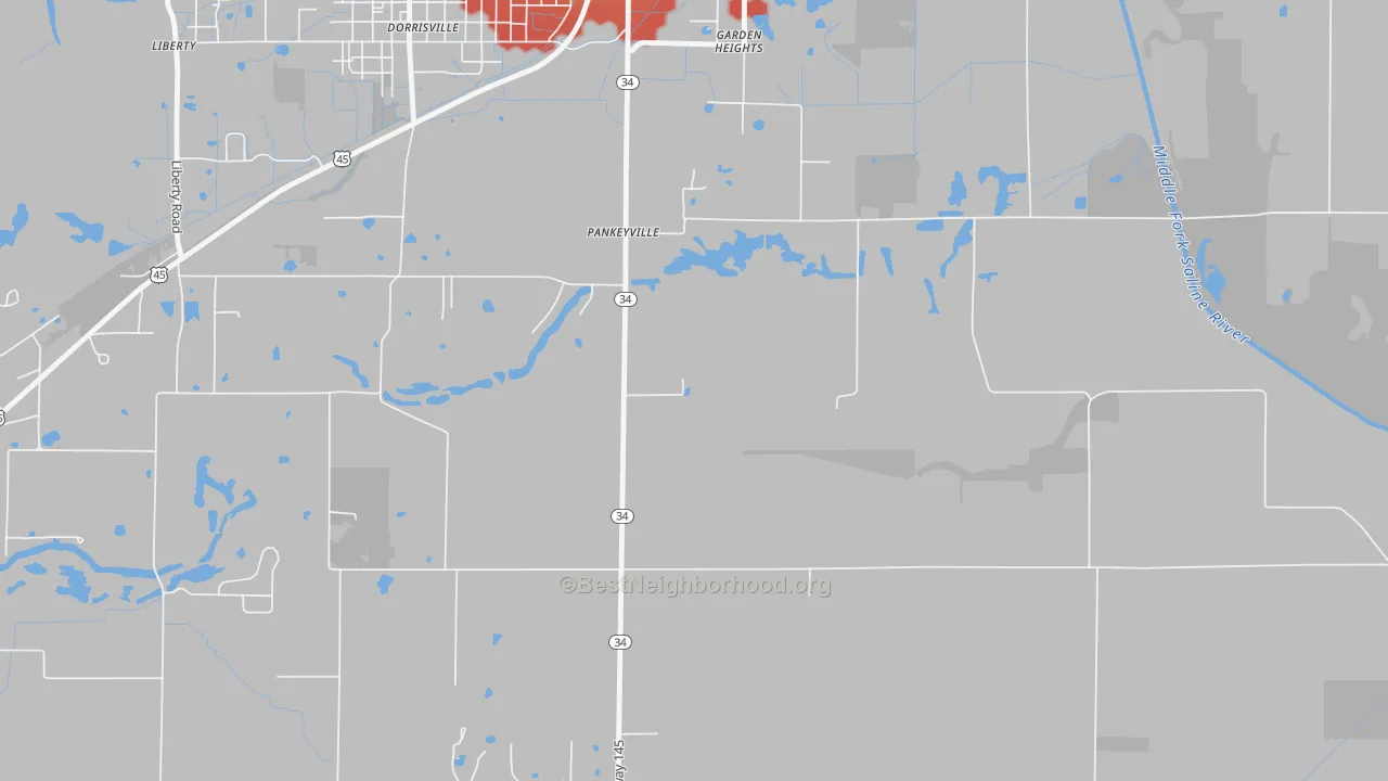 Walk Grade map of Pankeyville, IL, walkable areas in green and car-dependent areas in red