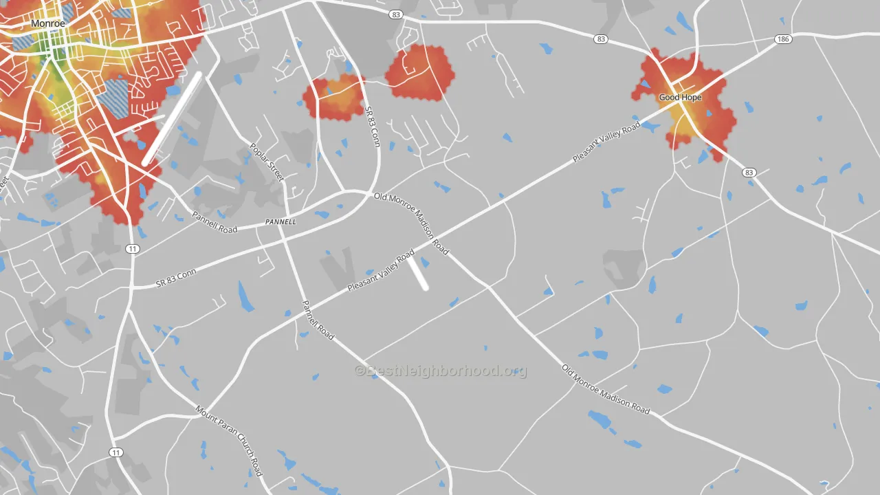 Walk Grade map of Pannell, GA, walkable areas in green and car-dependent areas in red