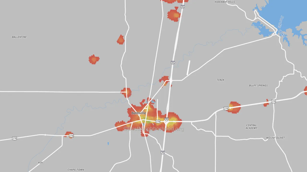 Walk Grade map of Panola County, MS, walkable areas in green and car-dependent areas in red
